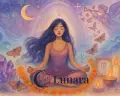Ilustración en acuarela de mujer meditando con luna creciente, amatista y velas; energía espiritual de Samhain y Día de Muertos